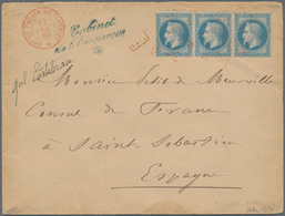 Br Frankreich: 1868, 20c. Blue "laure" Horiz. Strip Of Three, 60c. Rate On Double Weight Letter Oblit. - Used Stamps