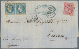 Br Frankreich: 1869, Marseille To Tunis. French 20 Cts Blue (pair) And Italian 40 C. Rose All Tied By F - Oblitérés