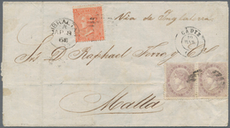 Br Gibraltar: 1868: Cadiz Via Gibraltar To Malta. 20 Cts Lila (pair) Tied By Mute Bars Killer, CADIZ 20 - Gibilterra