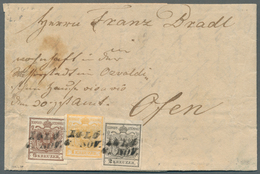 Br Österreich: 1850, 1 Kr Orange, 2 Kr Silbergrau U. 6 Kr Braun, Je Handpapier, Als 3-Farben Frankatur - Neufs