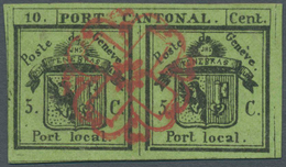 O Schweiz - Genf: 1843 DOPPELGENF 5 C.+5 C. Schwarz/gelbgrün, Plattenfehler "Randlinie Der Rechten Häl - 1843-1852 Federal & Cantonal Stamps
