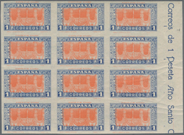 ** Spanien: 1937: 1 Pta Orange/blue With Inverted Center And Without Perforation. Block Of Twelfe. With - Gebruikt