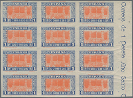 ** Spanien: 1937: 1 Pta Orange/blue With Inverted Center And Without Perforation. Block Of Twelfe. With - Oblitérés