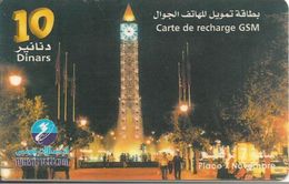 CARTE-PREPAYEE-TUNISIE-GSM-10Dinars-TUNISIE TELECOM-TUNIS PLACE Du 7 Novembre- Plastic Fin-TBE - Tunesië