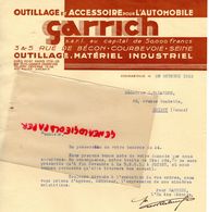 92- COURBEVOIE- LETTRE GARRICH- OUTILLAGE ACCESSOIRE AUTOMOBILE-3 RUE DE BECON- 1933  AUTO - Automobil