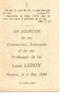 Hannut Souvenir Communion Louis Leroy 6 Mai 1934 - Hannuit