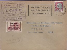 Affranchissement 0,25 Décaris Flamme De Vervins 5-6 1963 "8eme Centenaire Des Remparts" Vignette De Vervins 23 Juin 1963 - Covers & Documents