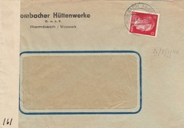 29/8/44 Allemagne (Rombach/Westmark) Vers Luxembourg . Cnsure Contrôle Des Communications Luxembourgeoislire Description - 1940-1944 Duitse Bezetting