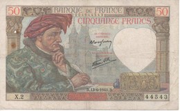 BILLET DE BANQUE DE FRANCE CINQUANTE FRANCE JACQUES COEUR 13/06/1940 X.2 44543 - 50 F 1940-1942 ''Jacques Coeur''