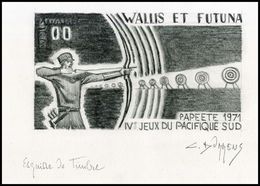 Wallis & Futuna 1971 - Sports  ( Tir à L’Arc ) ,Yvert# PA40 - Dessin Original , Signé - RARE - Geschnittene, Druckproben Und Abarten