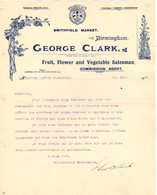 ANGLETERRE BIRMINGHAM LONDON COURRIER 1921 SMITHFIELD MARKET  George CLARK  Fruit Flower  A23 - Regno Unito