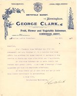 ANGLETERRE BIRMINGHAM LONDON COURRIER 1921 SMITHFIELD MARKET  George CLARK  Fruit Flower  A23 - United Kingdom