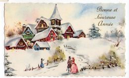 Nouvel An - Bonne Année --carte Mignonnette --Paysage De Neige (village Et Animation) - Nouvel An