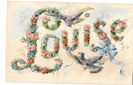 LOUISE -carte Chromo Lithographiée Gaufrée  - Guirlande De Fleurs Et Oiseaux (pigeons) Prénom - SERIE 1864 K.F. Editeurs - Prénoms