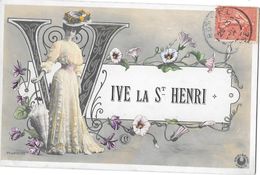 HENRI - VIVE LA ST HENRI - JEUNE FEMME, ARTISTE Des Années 1900 - BELLE ROBE En DENTELLE,OMBRELLE, VOLUBILIS,VIOLETTES - Prénoms