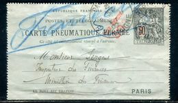 Carte Lettre Pneumatique Type Chaplain 50c Noir (date 230 ) Surchargé , De Paris En 1902 , Cad Arrivé En Bleu - Ref M30 - Pneumatici