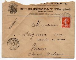 1908-Lettre Pers André Audemont Fils -Pub Vins--de RICHELIEU(37) Pour TESSON-17 -Type Semeuse Camée -cachets -- - 1877-1920: Période Semi Moderne