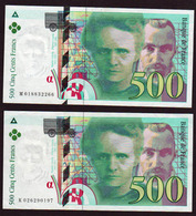 FRANCE: 500F Pierre Et Marie Curie: Lot De 2 Billets N°76- 1. Date 1994 - 500 F 1994-2000 ''Pierre Et Marie Curie''