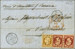 Rouleau De Gros Points / N° 9 (leg Def) + N° 18 Paire Càd (E) PARIS (E) 60 Sur Lettre Pour Valparaiso. 1854. - TB / SUP. - 1853-1860 Napoléon III