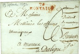 79 / MONTAIGU Rouge (31 X 8) Sur Lettre Avec Texte Daté Du 19 Septembre 1792 Adressée à Marans. Au Verso, 16 / MARENNES. - Otros & Sin Clasificación