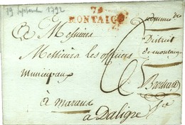 79 / MONTAIGU Rouge (31 X 8) Sur Lettre Avec Texte Daté Du 19 Septembre 1792 Adressée à Marans. Au Verso, 16 / MARENNES. - Other & Unclassified