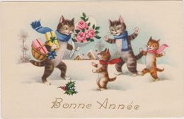La Bonne Année Avec Les Chats,chatons Porte Bonheur,cat,avec Bouquet De Fleurs,et Cadeaux, - New Year