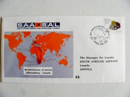 Cover South Africa RSA 1992 Johannesburg First Flight Luanda Map Plane Avion Airplane - Brieven En Documenten