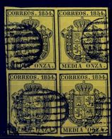 1854 , ESCUDO DE ESPAÑA , SERVICIO OFICIAL , ED. 28 , CANCELADO , BLOQUE DE 4 - Nuevos