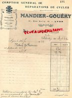 69- LYON- RARE FACTURE MANDIER- GOUERY- COMPTOIR GENERAL REPARTIONS CYCLES- VELO- CYCLISME-91 RUE SULLY-1914 - Transport