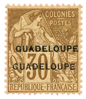 841 Guadeloupe N°22b*  30 C. Brun. Double Surcharge Signé Scheller - Sonstige & Ohne Zuordnung