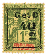 843 Guadeloupe N°54*  40 C. S. 1 F. Olive. Surcharge Noire. Infime Charnière, Signé Miro. - Sonstige & Ohne Zuordnung