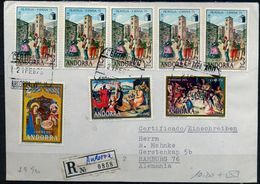 1976 , ANDORRA ESPAÑOLA ,  CERTIFICADO ANDORRA LA VIEJA - HAMBURGO , ESPAÑA 75 , NAVIDAD - Briefe U. Dokumente