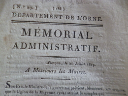 Orne Mémorial Administratif 21/07//1819 Industrie Filatures Légion De Mayence 8p - Gesetze & Erlasse