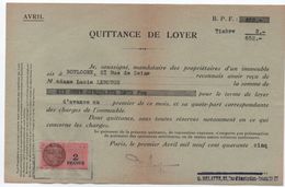 Quittance De Loyer /Reçu/Timbre Fiscal 2 Francs/ Boulogne-Billancourt/ 1945                        QUIT19 - Non Classés