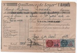 Quittance De Loyer /Reçu/Timbre Fiscal 10 Francs Et 1,50 Franc/ Boulogne-Billancourt/ 1949                      QUIT26 - Non Classés
