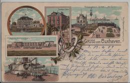 Gruss Aus Cuxhaven - Dölle's Hotel, Matrosen-Artillerie-Kaserne, Badehaus Döse, Telegraphenamt - Lithographie Litho - Cuxhaven