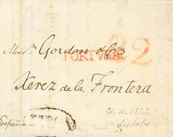 69 SOBRE. 1822. LISBOA A JEREZ DE LA FRONTERA. Marca PORTVGAL, En Rojo Aplicada En Tránsito Por Badajoz (P.E.18) Edición - ...-1850 Voorfilatelie