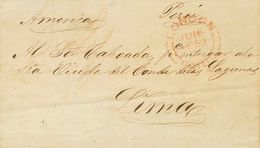 73 SOBRE. 1832. MADRID A LIMA (PERU), Posiblemente Encaminada Por "Propio" A Londres, Donde Se Deposita En El Correo. Fe - ...-1850 Préphilatélie