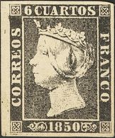 78 (*) 1. 1850. 6 Cuartos Negro, Borde De Hoja. PIEZA DE LUJO. Cert. COMEX. (Edifil 2018: 660€) - Autres & Non Classés