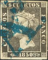 87 º 1A. 1850. 6 Cuartos Negro (II-8). Matasello "As", En Azul De Barcelona. MAGNIFICO Y RARO. - Autres & Non Classés