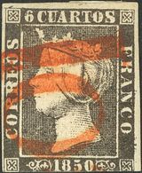 93 º 1A. 1850. 6 Cuartos Negro (II-32). Matasello Prefilatélico "10 ½", En Rojo De Zaragoza. MAGNIFICO Y MUY RARO. Cert. - Other & Unclassified