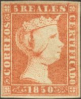 96 * 3. 1850. 5 Reales Rojo (inapreciable Reparación). Color Intenso Y Buenos Márgenes. MAGNIFICO. Dictamen CEM. (Edifil - Other & Unclassified