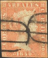 98 º 3F. 1850. 5 Reales Rojo FALSO SPERATI. Matasello PARRILLA DE MADRID, Sin Marca De La B.P.A. Al Dorso (peligrosísimo - Sonstige & Ohne Zuordnung