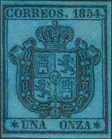 149 * 31P. 1854. 1 Onza Negro Sobre Azul. ENSAYO DE COLOR. MAGNIFICO Y RARO, NO RESEÑADO. - Sonstige & Ohne Zuordnung