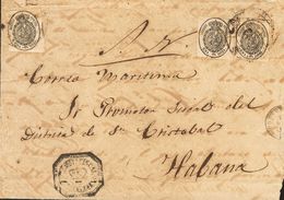 160 SOBRE 35(3). (1860ca). 1 Onza Negro Sobre Amarillo. PONTEVEDRA A LA HABANA. Matasello R.CARRETA Nº39 Y Marca De Fran - Other & Unclassified