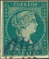 165 FRAGMENTO 42ec. 1855. 2 Reales Azul Verdoso (leve Reparación En La Esquina Inferior Derecha), Sobre Fragmento. ERROR - Autres & Non Classés