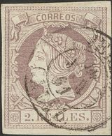 184 º 51, 53, 56. 1860. Conjunto Del 2 Cuartos Verde, 12 Cuartos Carmín Y 2 Reales Lila, Todos Inutilizados Con Matasell - Andere & Zonder Classificatie