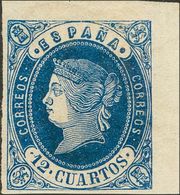 196 * 59. 1862. 12 Cuartos Azul, Esquina De Pliego. PIEZA DE LUJO. (Edifil 2018: +62€) - Autres & Non Classés