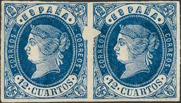 197 * 59itb. 1862. 12 Cuartos Azul, Pareja. Variedad ROTURA DEL CLICHE. MAGNIFICA Y RARA. (Edifil 2014: 285€) - Other & Unclassified