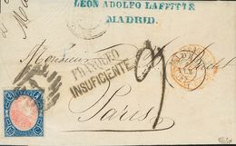 208 SOBRE 70ei. 1865. 12 Cuartos Azul Y Rosa MARCO INVERTIDO. MADRID A PARIS (FRANCIA). Matasello PARRILLA CON Nº1, En E - Sonstige & Ohne Zuordnung